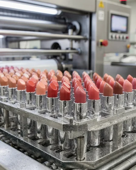 Rossetti appena colati in stampi metallici durante il passaggio nel tunnel di raffreddamento su una linea cosmetica