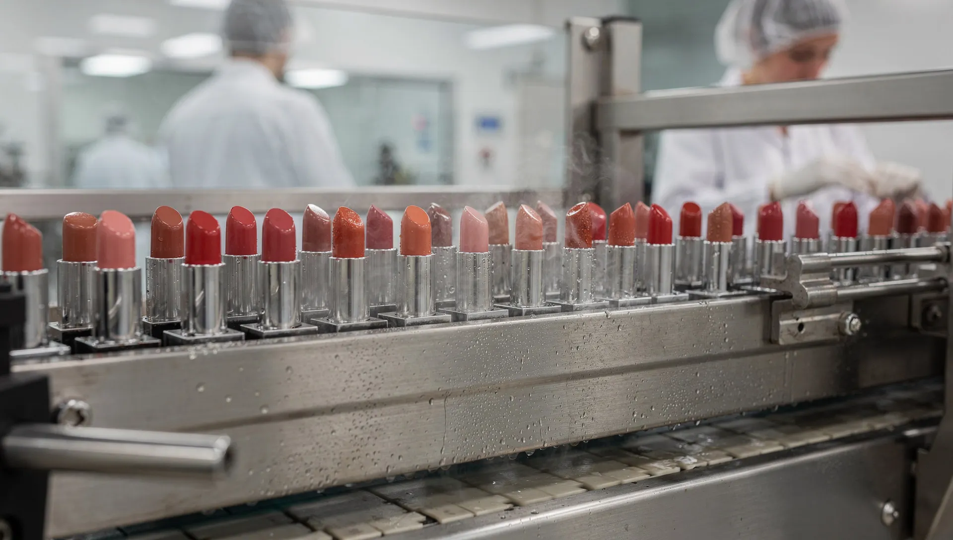Rossetti appena colati in stampi metallici durante il passaggio nel tunnel di raffreddamento su una linea cosmetica